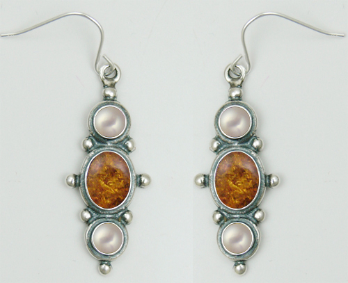 Sterling Silver Drop Dangle Earrings With Amber And Cultured Freshwater Pearl